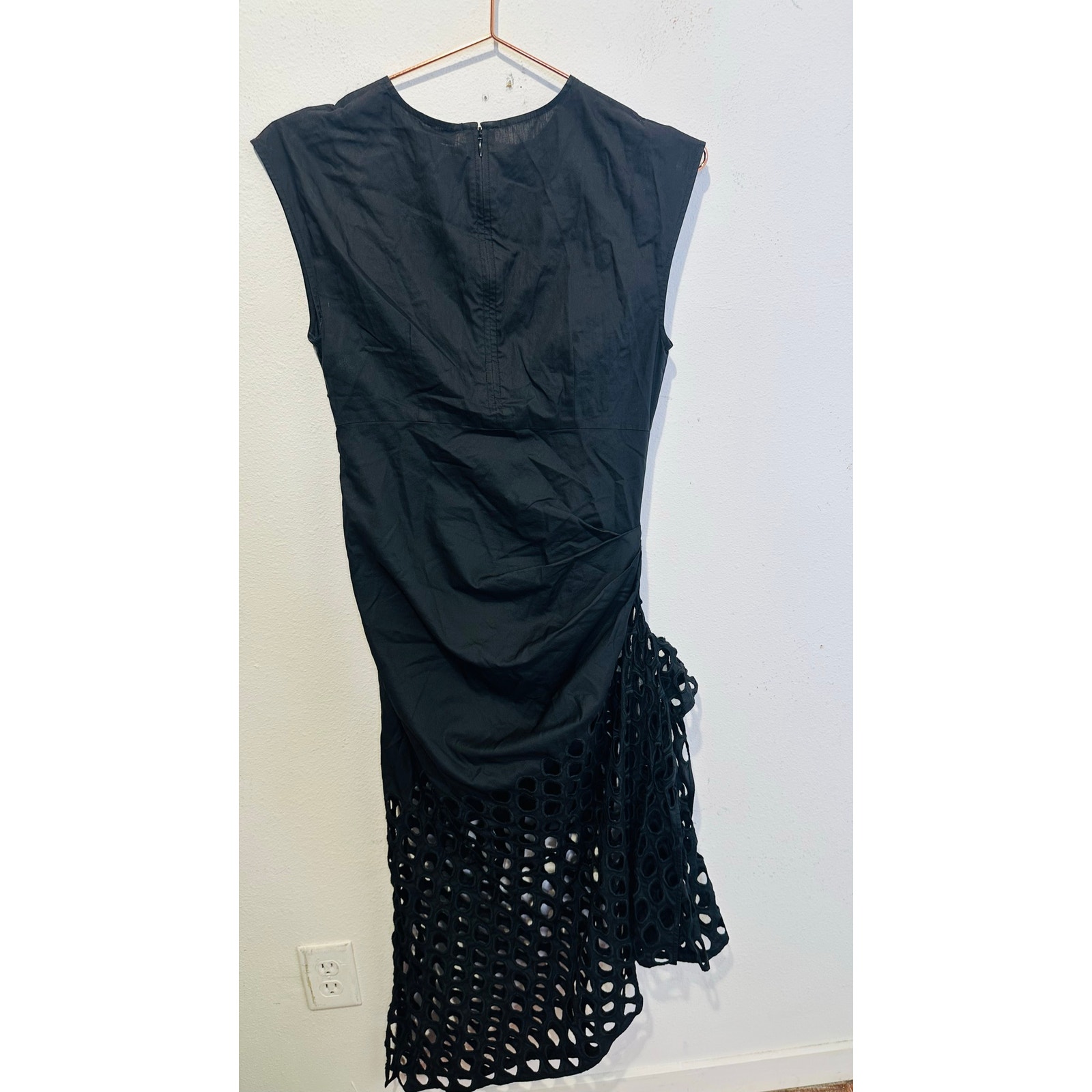 Diotima Black Sleeveless Openwork Mesh Overlay Asymmetrical Midi Dress Sz L — image 3 of 8